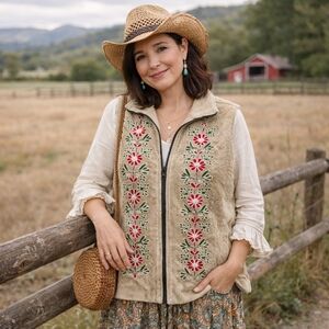 Young Threads Corduroy Women's Floral Embroidered Beige Vest